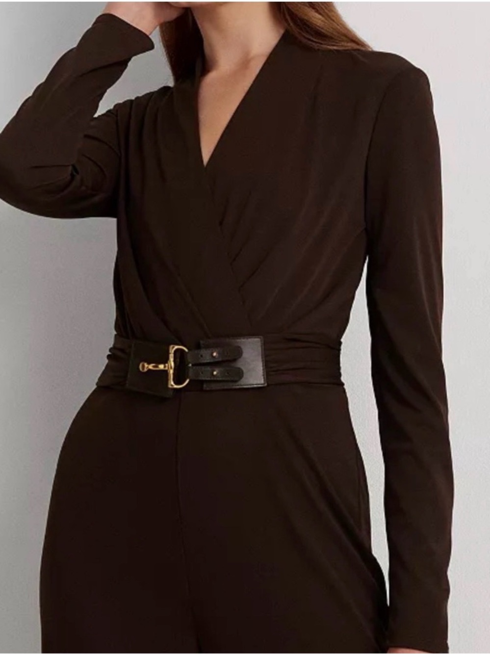 Ralph Lauren Horsebit Belted Surplice Jersey Jumpsuit Chocolate Brown Sz 10 - Picture 2 of 12
